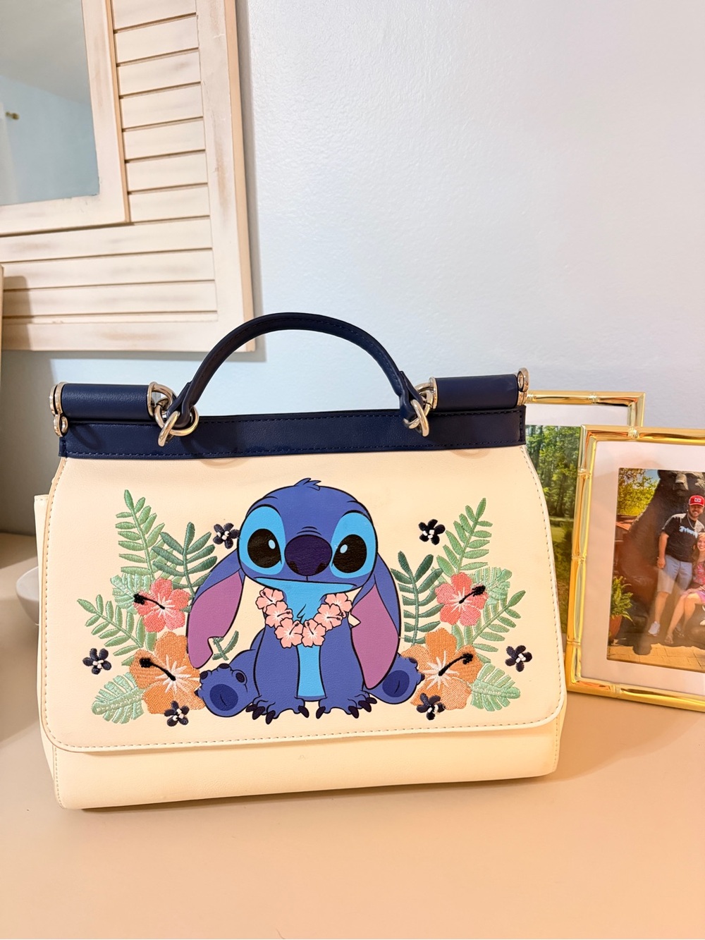 Disney Loungefly Cream & Navy Stitch Floral Top-Handle Satchel